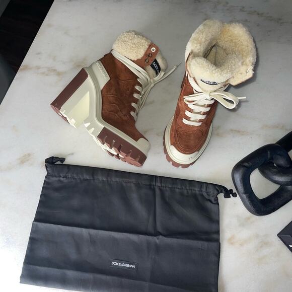 New Dolce & Gabbana Trekking Shearling Biker Ankle Boots in Burnt Brown/Neutral - Picture 10 of 12